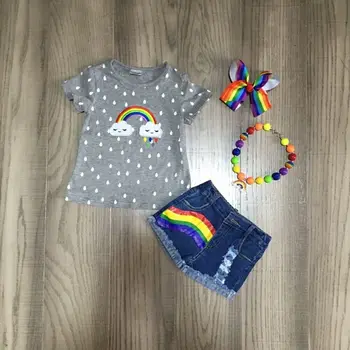 

baby girls summer jeans outfits girl rainbow cloud shirts girls boutique denim outfits with accessories