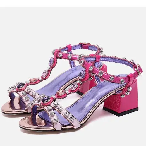 

Prowow New Hot Selling Genuine Leather Crystal Beading Summer Sandals Open Toe Buckle Strap HIgh Heel Sandals Shoes Women