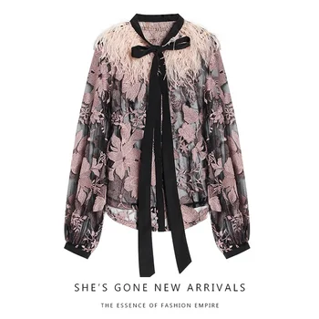 

2020 Spring and summer office lady women shirt Elegant Lace Blouse Women's Korean-style Joint Flower Embroidered Shirt