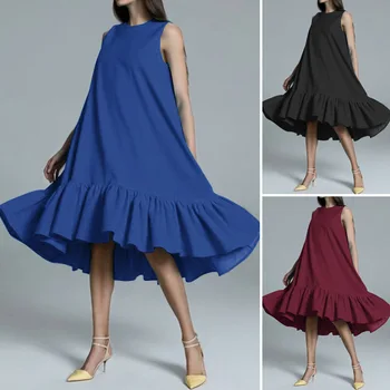 

Beach Party Robe Femme ZANZEA Plus Size 5XL Women Sarafans Dress 2020 Summer High Low Sundress Sleeveless Ruffles Hem Vestidos