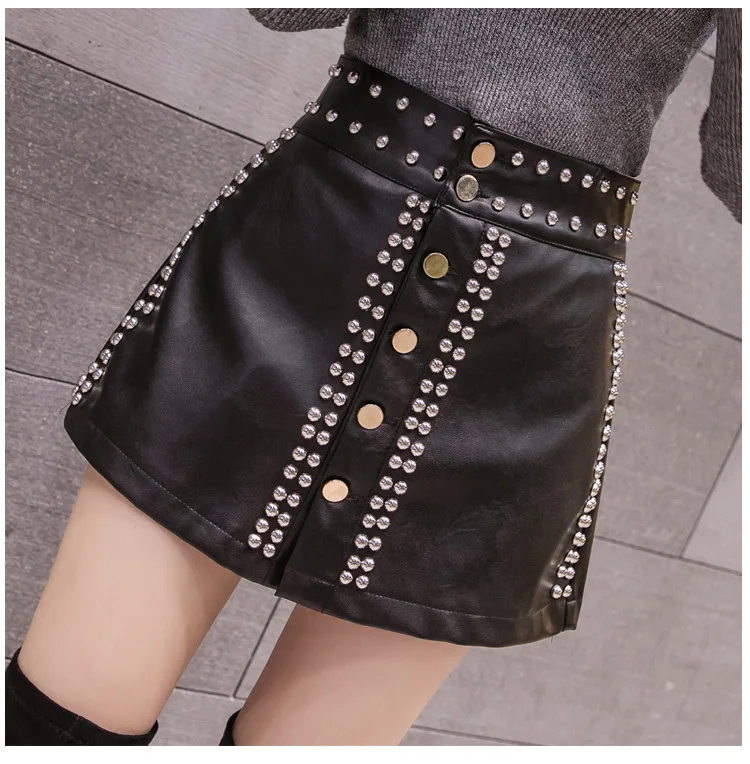 Rivet Leather Shorts Female Streetwear Hip Hop Punk Mini Sexy Shorts Women High Waist Loose Wide Leg PU Leather Shorts Skirts