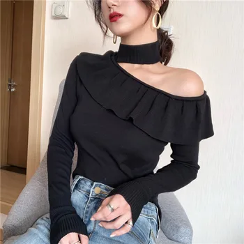 

Winter Long Sleeve Hollow Out Shoulder Sweaters Women Sexy Off Shoulder Halter Sweaters Lady Ruffles Knitted Tops