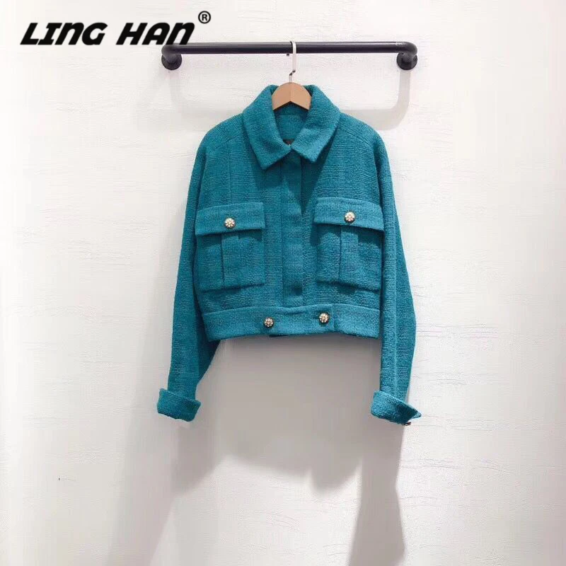 

LINGHAN Fashion Woven Tweed wool Short Jacket Women high quality crystal button Long Sleeve Jacket Outwear + Lined with Silk
