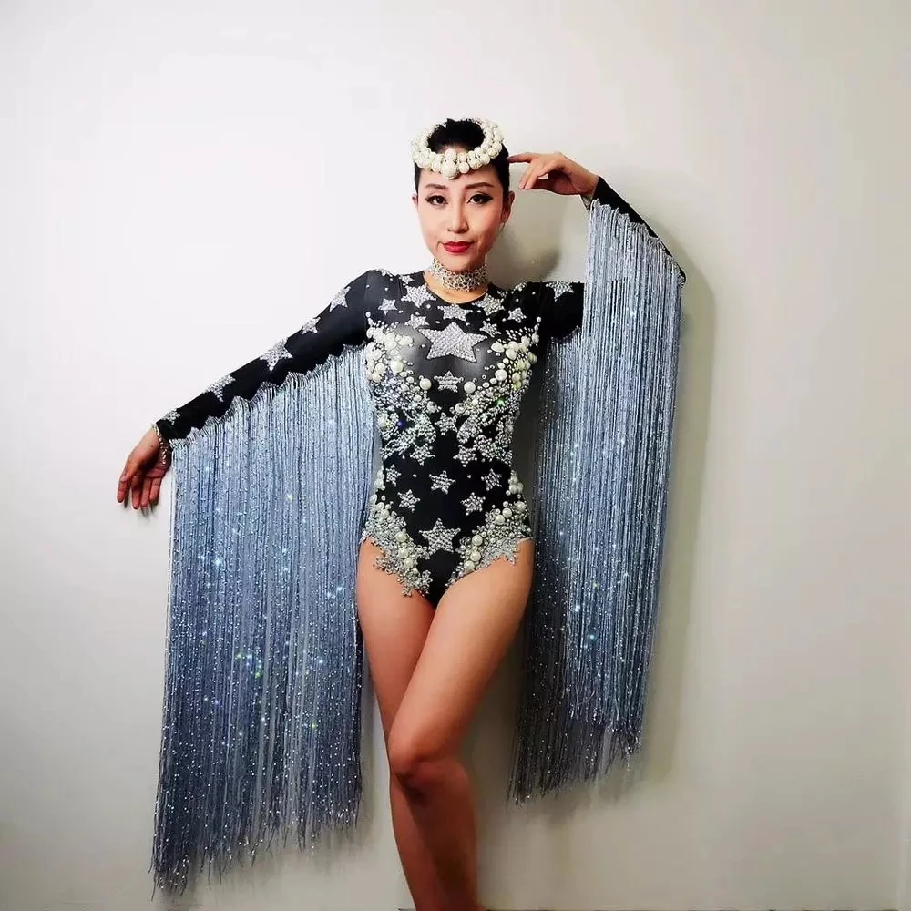 Star pattern Female Costume Crystals Fringe Sleeve Bodysuit Singer Dancer Nightclub Stage Party Bar Performance Tassel Bodysuit girl dance costume