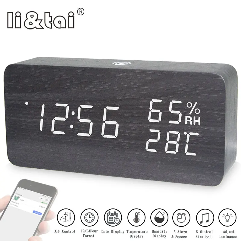 

Modern wooden Led Alarm Clock sound APP control Temperature Humidity date Electronic Desktop Digital USB Battery Table Clocks
