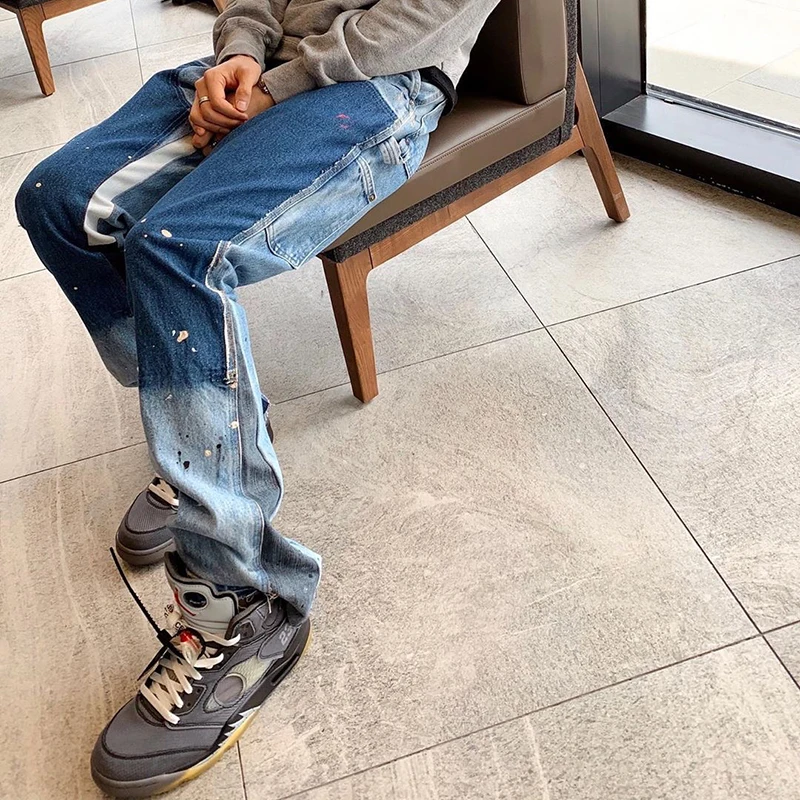 Mens Jeans Distressed Splash Ink Flare Jeans Urban Streetwear Patch Graffiti Wide Hip Hop Washed Blue Slim Fit Denim Pants men jeans,mens jeans,jeans trousers,denim trousers,washed jeans