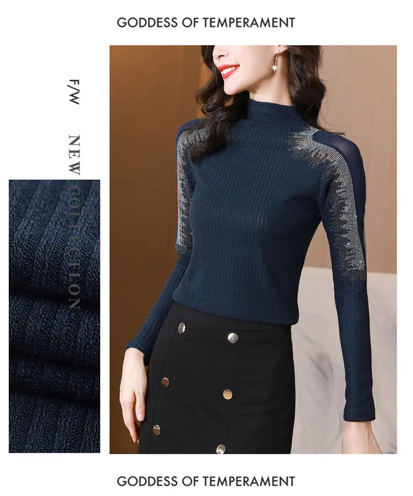 cropped cardigan Korean Fashion Diamond Hot Drill High Neck Pullover Tops Autumn Winter Knitted Sweater Women Slim Undershirt Knitwear Pull Femme Sweaters