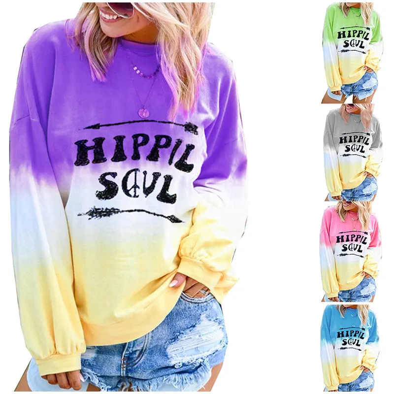 

Print Long Sleeve Women's Sweatshirts Plus Size Round Neck Changed Color Ladies Hoodies 2019 Autumn Loose Casual Streetwear Tops