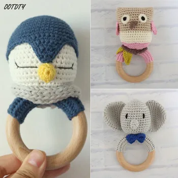 

OOTDTY Baby Wooden Teether Ring BPA Free DIY Crochet Rattle Pacifier Bracelet Soother Cartoon Infant Teething Chewing Molar Toys