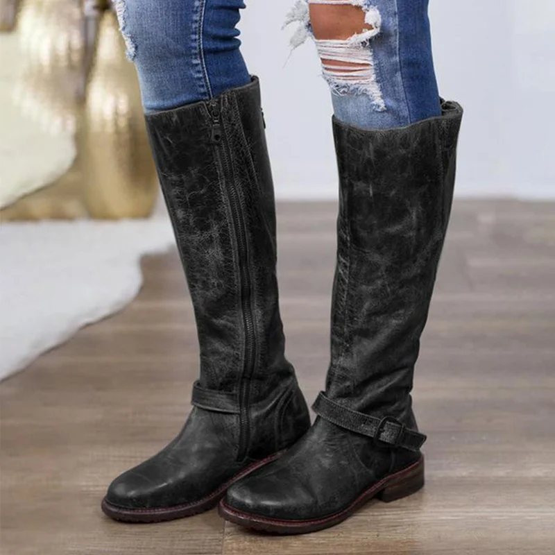 

Women Retro Long Boots Plus Size PU Motorcycle Boots Winter Female Zipper Buckle Strap Platform Autumn Fashion Ladies Shoes
