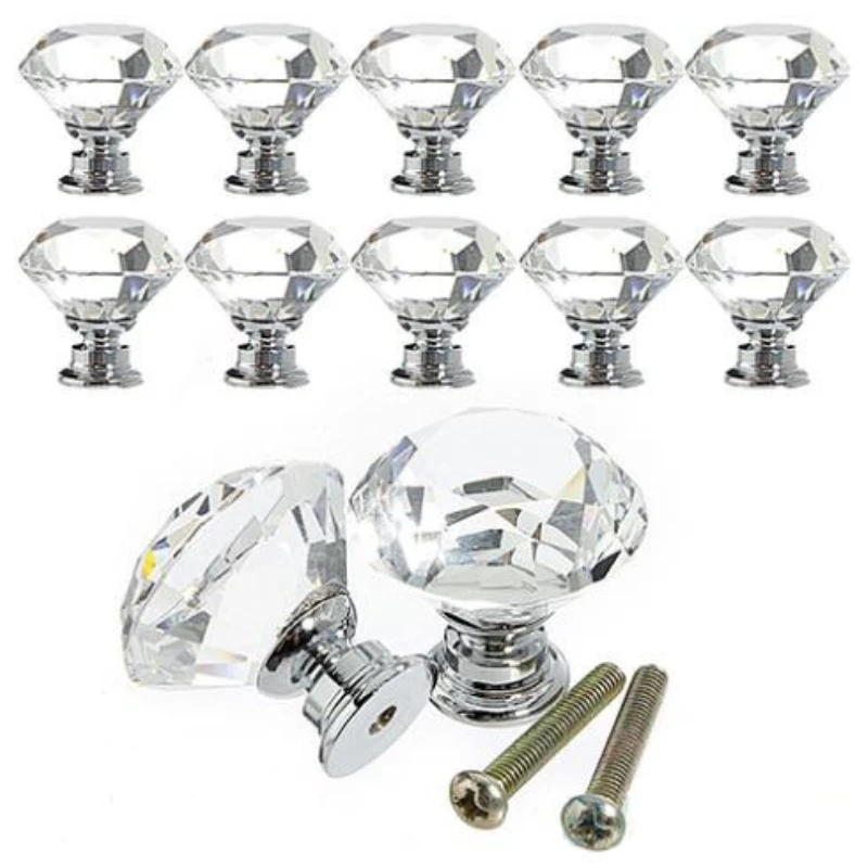 

10Pcs/set 30mm Diamond Shape Design Crystal Glass Knobs Cupboard Drawer Pull Kitchen Cabinet Door Wardrobe Handles Hardware