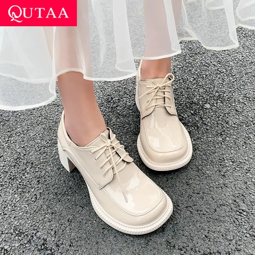 QUTAA/2021 женские туфли лодочки Сезон весна осень Модные на шнуровке высоком квадратном каблуке с круглым