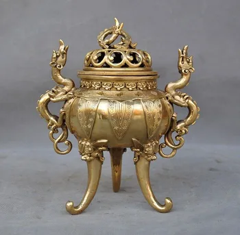 

wedding decoration 9" Marked China Pure Brass Fengshui Dragon Animal Statue Incense burner Censer