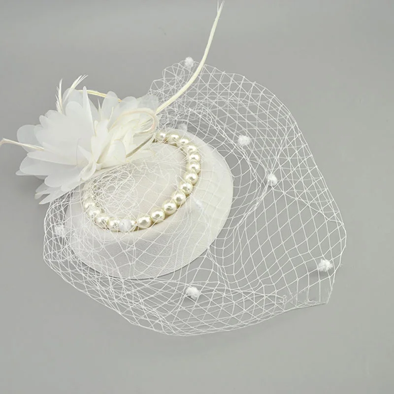 

E JUE SHUNG Vintage Birdcage Net Bridal Hats With Feather Pearl Women Fascinator Face Veils Wedding Hats Wedding Accessories
