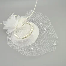 E JUE SHUNG Vintage Birdcage Net sombreros de novia con pluma perla mujeres Fascinator velos de cara sombreros de boda accesorios de boda