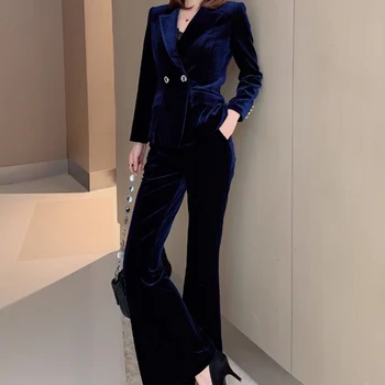 

2020 Autumn New Style Sexy V-Neck Velvet Long-Sleeved Suit Jacket Slim Temperament Long Style Women'S Two-Piece High Quality