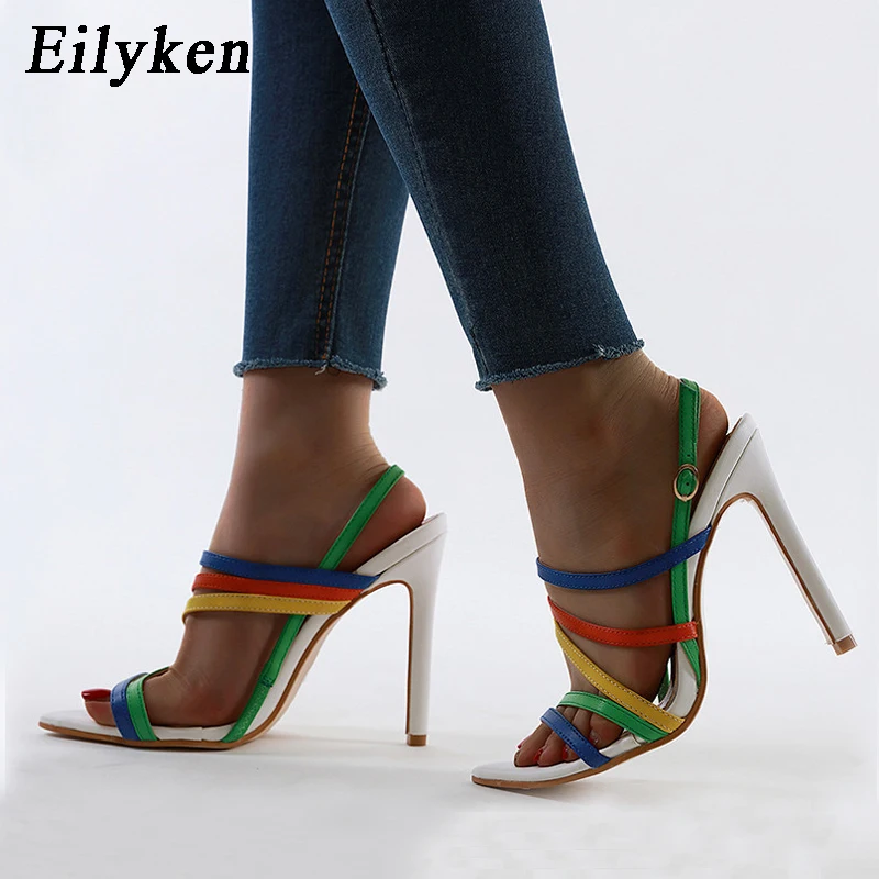 

Eilyken Elegant Women Summer Sandals Fashion Mixed Color Pointed Open Toe Stilettos Heels Female Ankle Buckle Strap Sexy Shoes