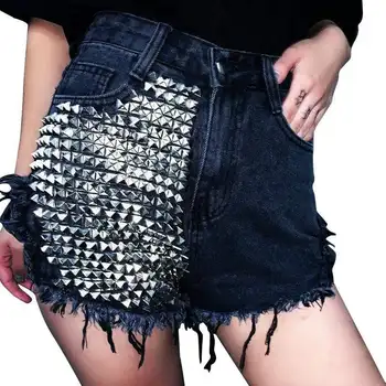 

Women's Punk Rivets Straps Ripped High-waisted Denim Shorts P017