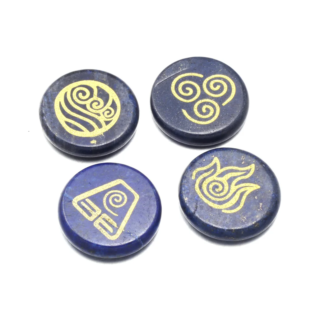 4 PCS Chakra Stones with lapis lazuli Engraved Symbols Round shape Polished Palm Stone Reiki Crystal Natural Divination Stone