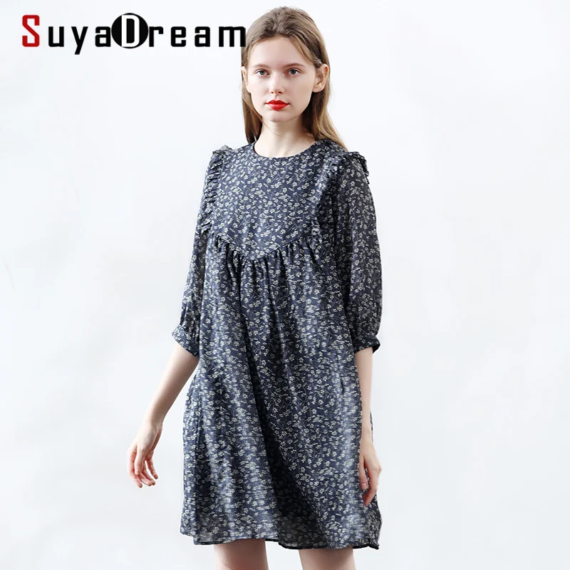SuyaDream женское льняное платье 100% рами с цветочным принтом короткими рукавами