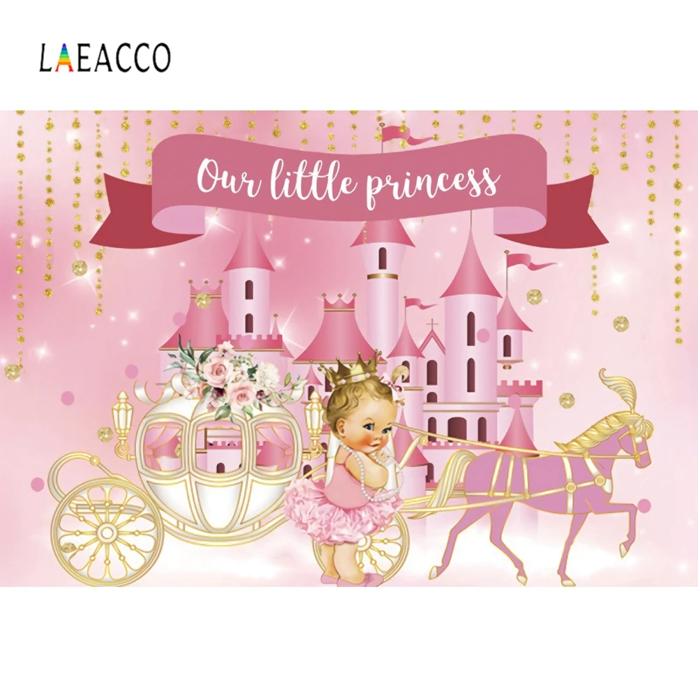 

Laeacco Baby Shower Birthday Party Photography Backdrop Castle Pink Carriage Customize Vinyl Background Photo Studio Photophone
