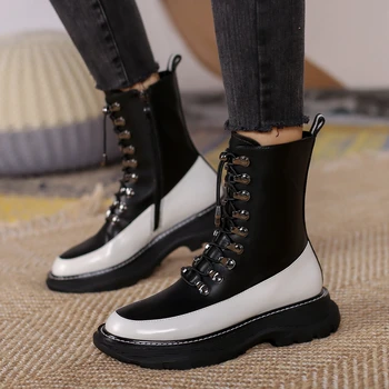 

Brand New Tide Shoelaces Platform Skidproof Sole Genuine Leather Winter Boots Shoes Women