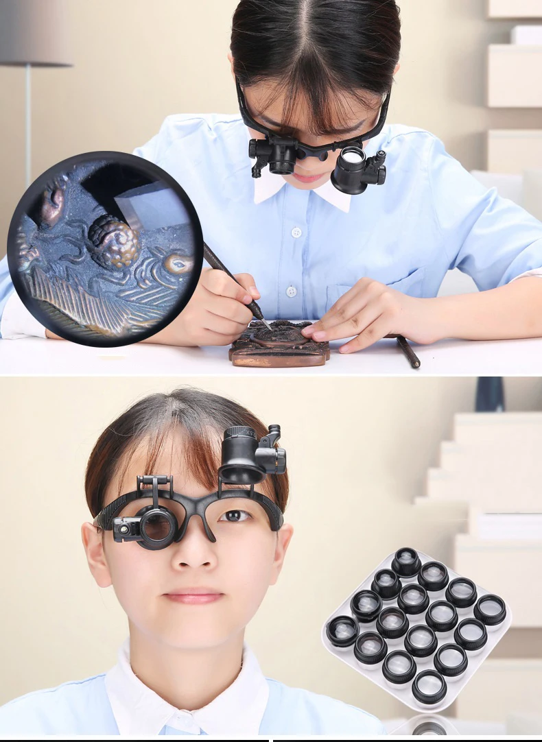 16 Lens Binocular Glasses Magnifier 2 LED Eyewear Magnifying Glass Black Watch Repair Magnifier Loupe Reading Jewelry Lupa