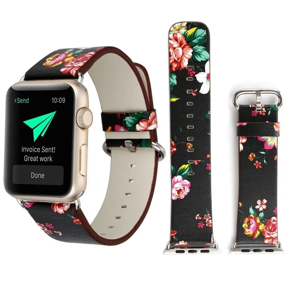 Кожаный ремешок в пасторальном стиле для Apple watch 44 мм 40 мм цветочный принт 42 мм 38 мм iwatch 5 4 браслет для Apple watch 3 2