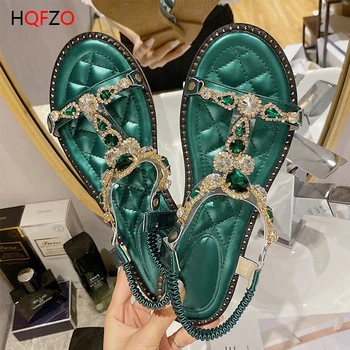 

HQFZO Luxurious Flat Women Sandals Peep Toe Summer Beach Slip On Bridal Rhinestones Women Sandals Bling Gladiator Women Shoes