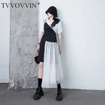 

Korea Original Patchwork Causal Sleeveless Dress V Neck Loose Irregular Mesh Sense of Design Niche 2020 Summer Dress DMY4846