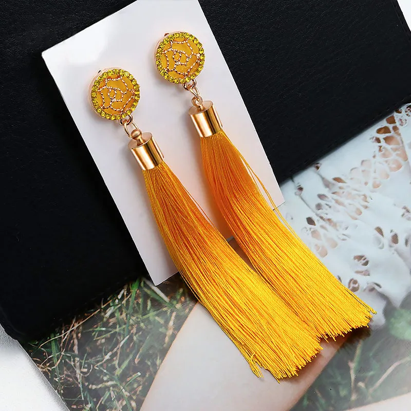 BFH модные богемные длинные серьги с кисточками и кристаллами белые красные шелковые серьги с ниспадающими кисточками для женщин ювелирные изделия - Окраска металла: Yellow-A