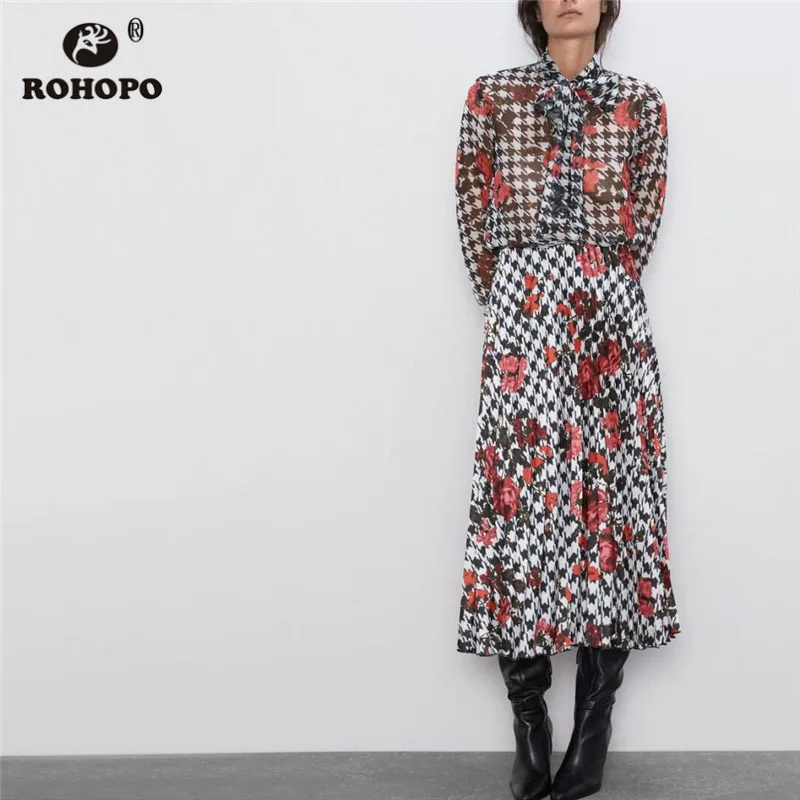 

ROHOPO Bow Lapel Collar Red Rose Houndstooth Floral Blouse Round Edge Covered Buttons Fly Printed Elegant Tops Blusa #9662