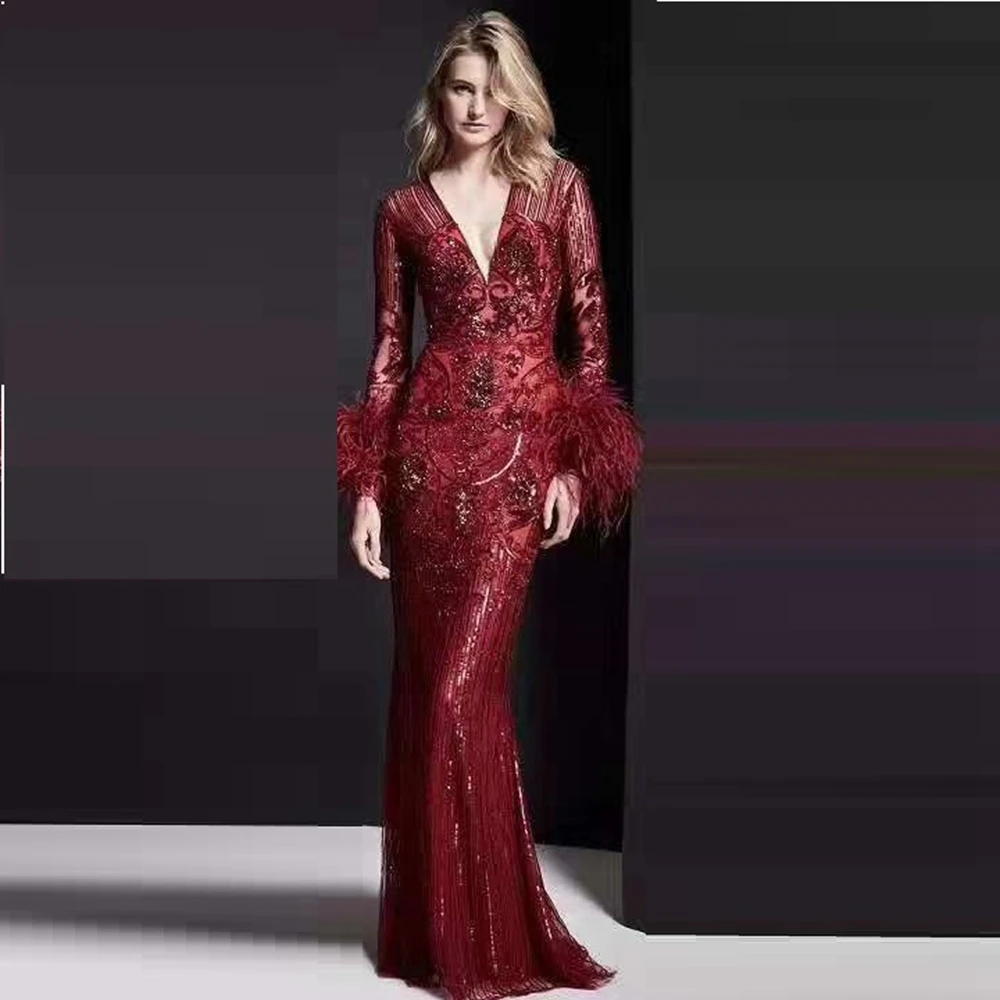 2019 Mode Eelgant Vrouwen Sequin Jurk Rode Lange Mouwen Veren Lange Maxi Eevning Celebrity Party Vestidos Groothandel Dropship