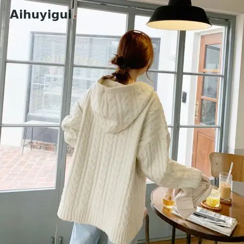 Aihuyigui Осенняя Женская мода для отдыха с капюшоном свободные пуловеры, Свитера с пеньковым узором длинный свитер Повседневный свитер Mujer Tb130