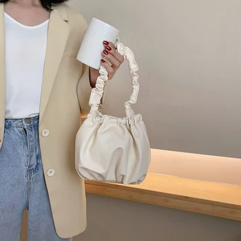 

PU Women Bucket Bag Pleated Solid Color Shoulder Tote Portable Elegant Handbag Fashion Exquisite Shopping Bag