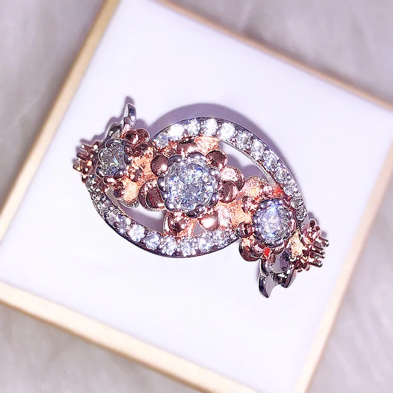 

European And American Vintage Rose Gold Flower Diamond Ring Elegant Temperament Jewelry Exquisite Romantic Gift Free Shipping