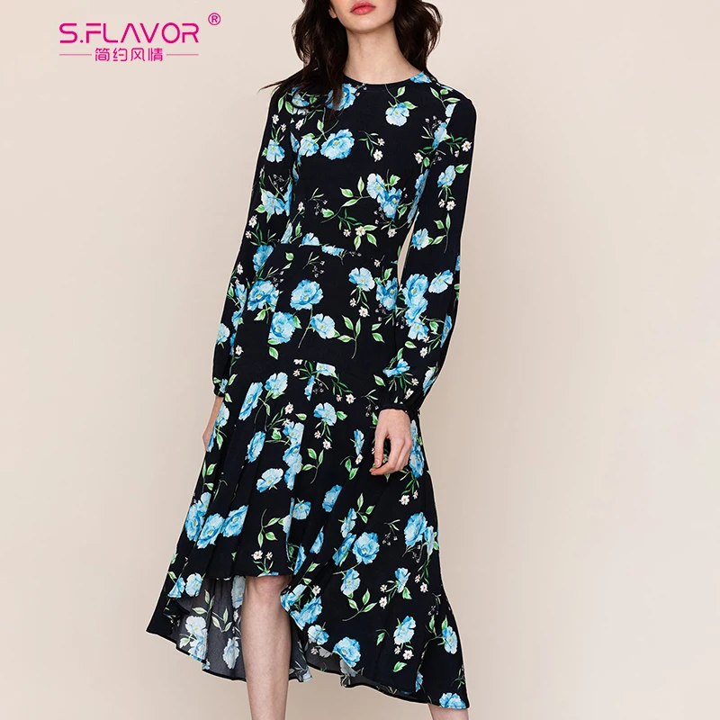 

S.FLAVOR 2019 Women Retro Floral Print Irregular Dress O Neck Long Sleeve Elegant Party Beach Vestidos Female Chic Sexy Dress