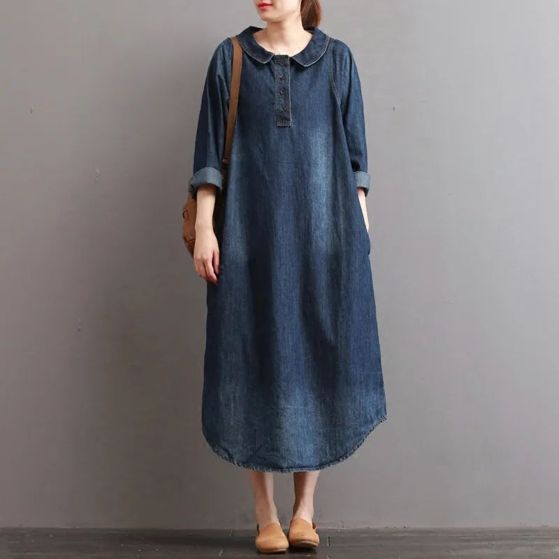 

Women Fashion Dress Autumn Long-Sleeved Literary Robe Femme Ete Denim Shirt Dress Long Loose Blue Casual Female Dress MZ2860