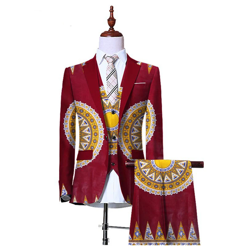 

African Men Batik Print Blazer 3pcs Clothing Sets 2020 New Design Jacket+Vest+Pants Man Casual Suit For Wedding Party