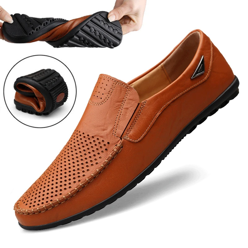 men's casual shoes slip on hollow leather loafers