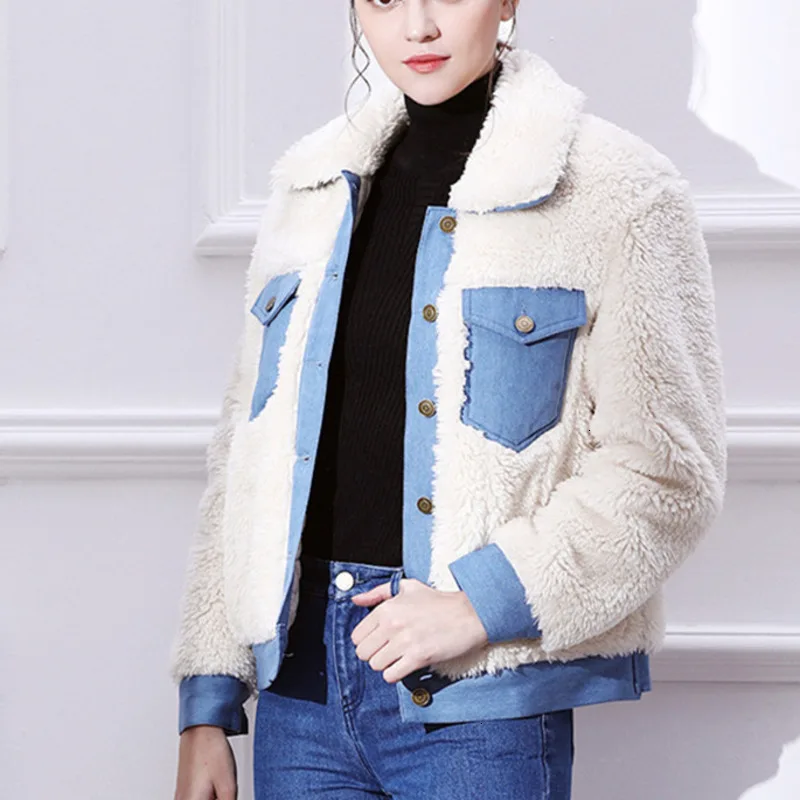 2020 Winter Warm Vrouwen Faux Fur Jas Mode Denim Jeans Patchwork Nep Lamswollen Dikke Katoenen Gewatteerde Uitloper XX030 2020 Winter Warm Vrouwen Faux Fur Jas Mode Denim Jeans Patchwork Nep Lamswollen Dikke Katoenen Gewatteerde Uitloper XX030