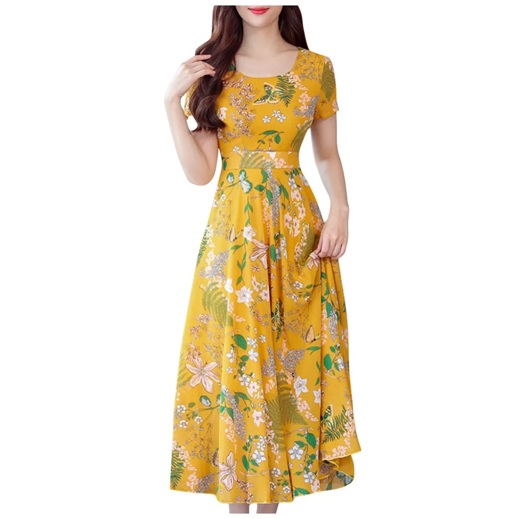Yellow YOUYEDIAN женское модное летнее платье до середины икры с коротким рукавом пляжный платье с принтом женское элегантное женское облегающее платье#8 - Цвет: Yellow