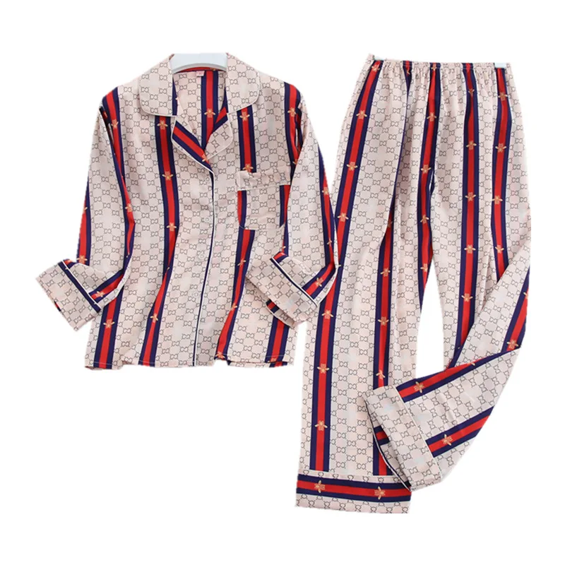 

Spring Ice Silk Long Sleeve Trousers Thin Lapel Pajama Women Leisure Imitation Silk Two Suit Home Service Casual Home Clothing