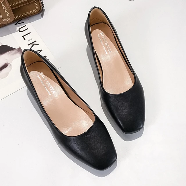 Women Loafers Simple PU Leather Slip-on Shoes Round Toe Mid Heel Ladies Party Student Shoes Pumps Moccasins chaussures femme black