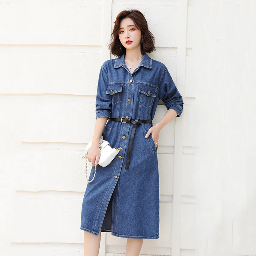 

2021 Spring Long Denim Dress Women Long sleeve Casual Denim Shirt Dress Casual Loose Button Poclets Oversized Dresses Jeans