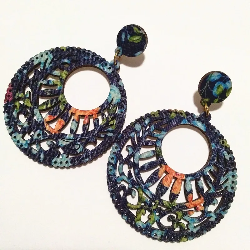 

New Cloth Art Earrings Round Hollow Wood Drop Earrings Lafite Fringed Earrings Tassel Earrings Special Friendly Wooden Jewelry