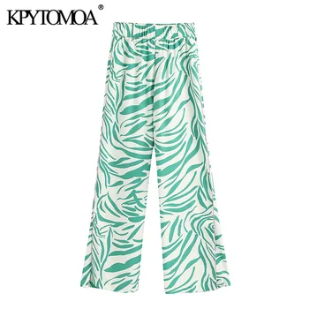 

KPYTOMOA Women 2020 Chic Fashion High Waisted Printed Pants Vintage Elastic Waist Side Vents Female Trousers Pantalones Mujer