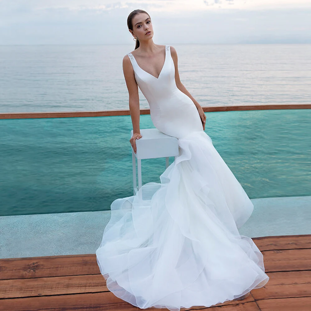 Abito da Sposa Белое Атласное свадебное платье русалки 2019 простое Vestido de novia sirena Иллюзия сзади роскошный халат de Mariee