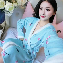 Women Sleepwear Female Winter Flannel Gown One-piece Thick Long Sleeve Bathrobe Mid-length Nightdress One-Piece Robe a Set