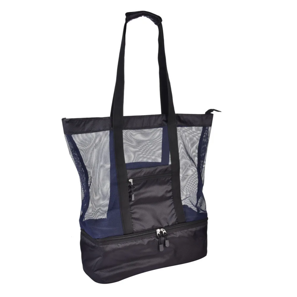 Сетчатая пляжная сумка на одно плечо с молнией сверху и изолированная сумка-холодильник для пикника, сумка со льдом, многофункциональная сумка для напитков на открытом воздухе - Цвет: Черный
